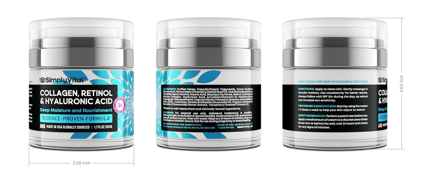 Collagen, Retinol & Hyaluronic Acid Cream - Anti-Aging Face Moisturizer for Face, Firming Skin Care Neck & Décolleté - Made in USA, Daily Moisturizer Face Cream Day & Night - 1.7 Fl.Oz.