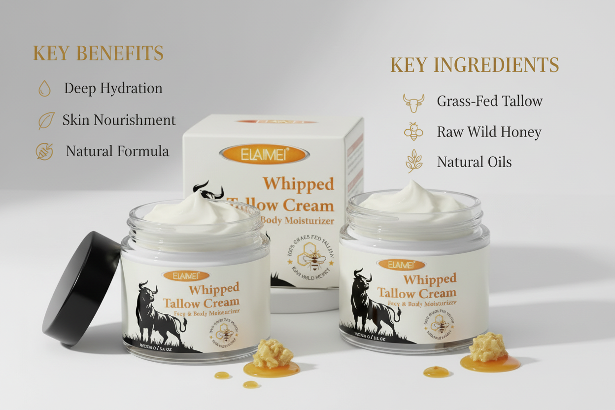Beef Tallow & Honey Balm – Organic Whipped Face Moisturizer 2oz | Unscented, Fast-Absorbing with Beeswax & Olive Oil