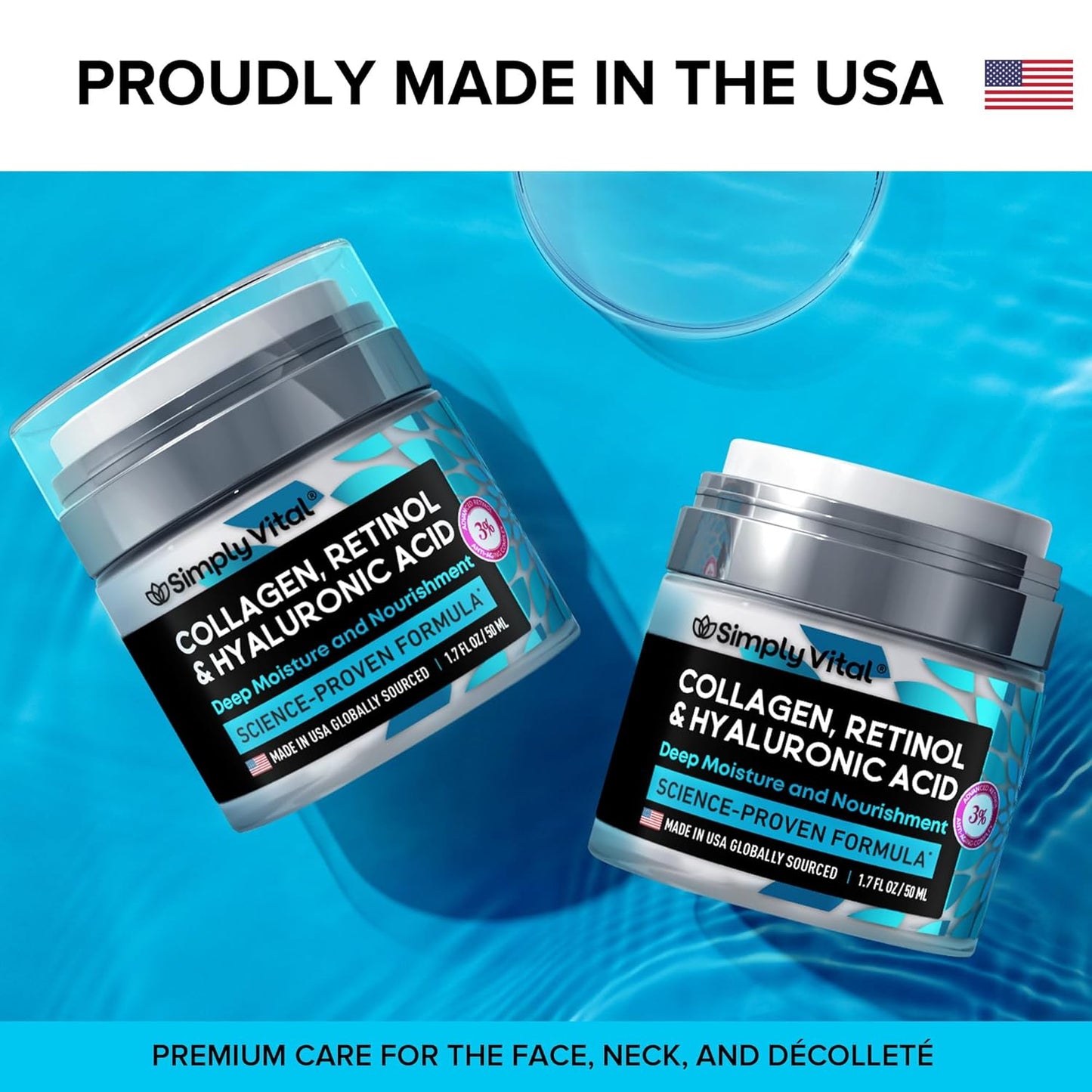 Collagen, Retinol & Hyaluronic Acid Cream - Anti-Aging Face Moisturizer for Face, Firming Skin Care Neck & Décolleté - Made in USA, Daily Moisturizer Face Cream Day & Night - 1.7 Fl.Oz.