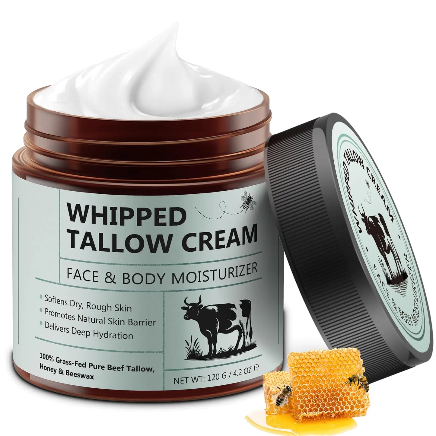 Beef Tallow & Honey Balm (4.2 oz) – Organic Grass-Fed Whipped Tallow Face & Body Moisturizer, Unscented