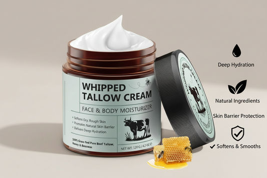 Beef Tallow & Honey Balm (4.2 oz) – Organic Grass-Fed Whipped Tallow Face & Body Moisturizer, Unscented