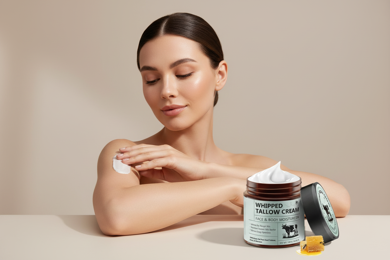 Beef Tallow & Honey Balm (4.2 oz) – Organic Grass-Fed Whipped Tallow Face & Body Moisturizer, Unscented